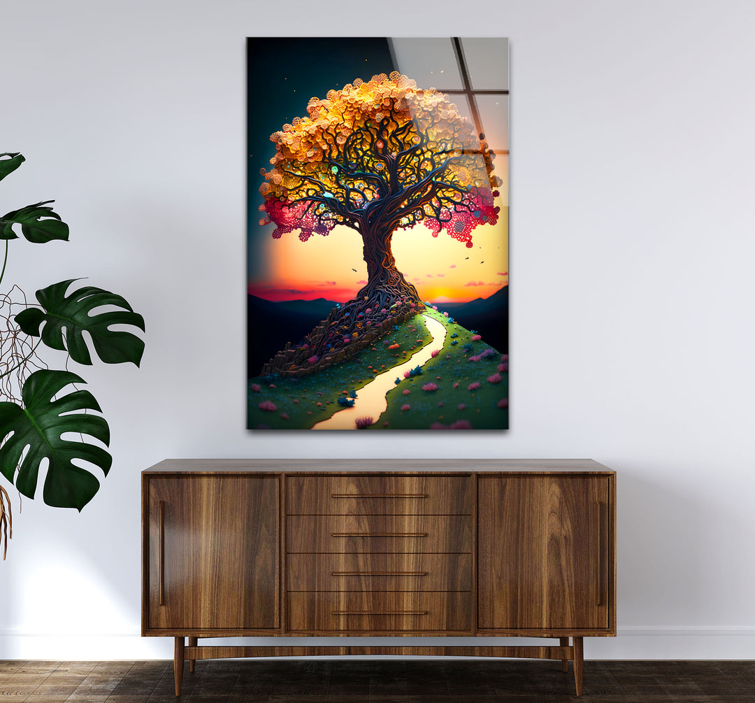 Verträumte Wandkunst mit Lebensbaum – Sonnenuntergangspfad, Fantasy-Glasdruck-Design