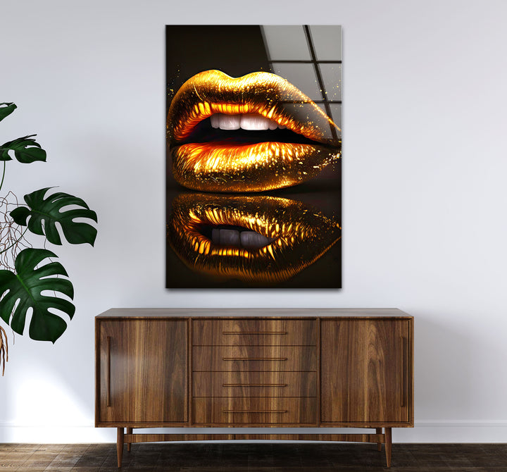 Goldene Lippen Wandkunst – Glamouröses funkelndes Mund-Glasdruck-Design