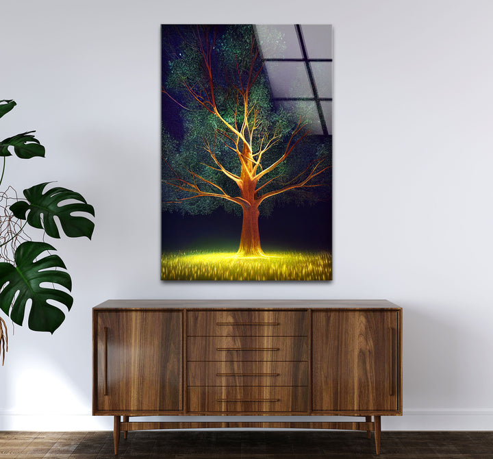 Leuchtende Baum-Wandkunst – Beleuchtetes Nachtwald-Glasdruckdesign