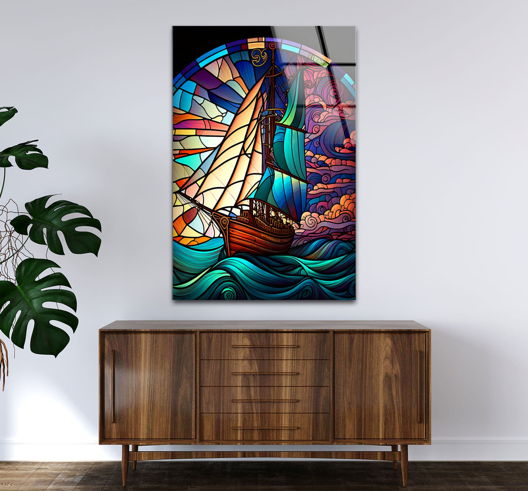 Segelschiff Buntglas Wandkunst – Maritimer Ozeanwellen-Glasdruck