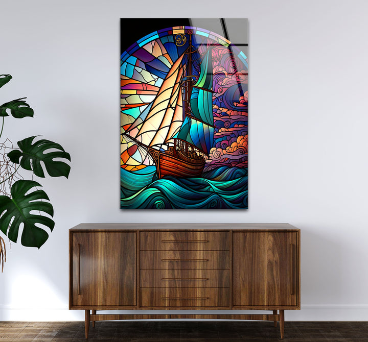 Segelschiff Buntglas Wandkunst – Maritimer Ozeanwellen-Glasdruck