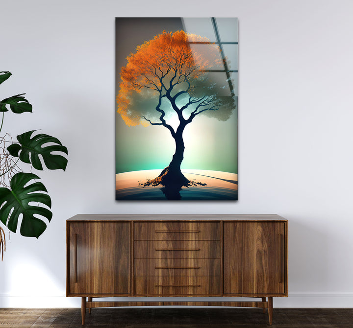 Minimalistische Wandkunst mit Lebensbaum – Orangefarbenes Kronenglas-Druckdesign