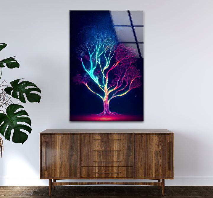 Neonbaum-Wandkunst – Kosmisches Nachtbaum-Glasdruckdesign