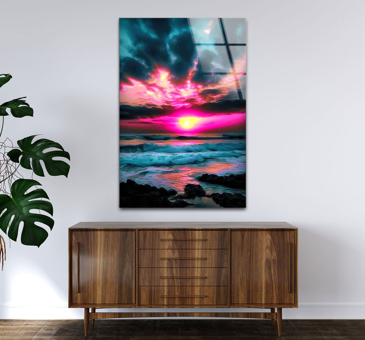 Lebendige Sonnenuntergang Ozean Wandkunst – Rosa Himmel &amp; Wellen Glasdruck-Design