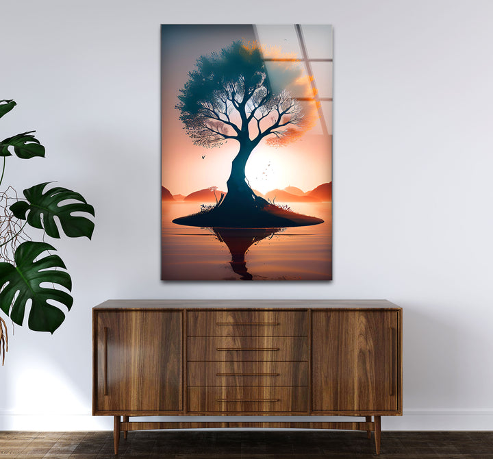 Sonnenuntergang Baum des Lebens Wandkunst – Silhouette Insel Glasdruck Dekor
