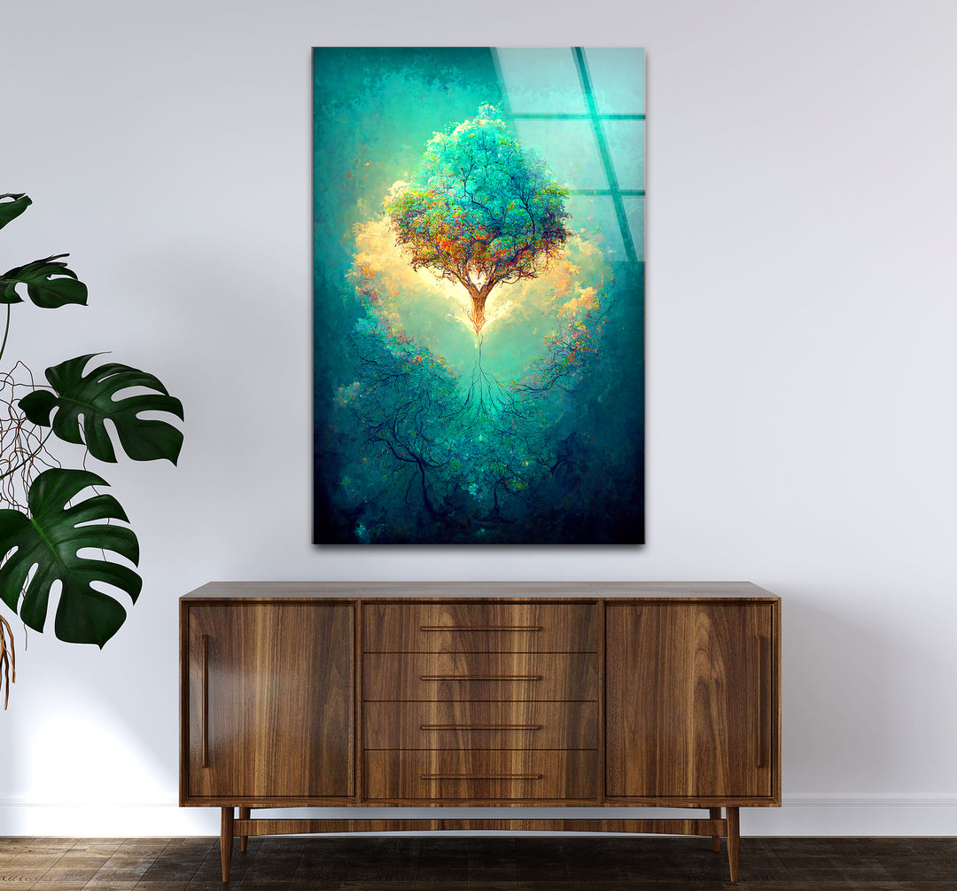 Schwebender Lebensbaum Wandkunst – Leuchtende Wurzeln Fantasy Glasdruck