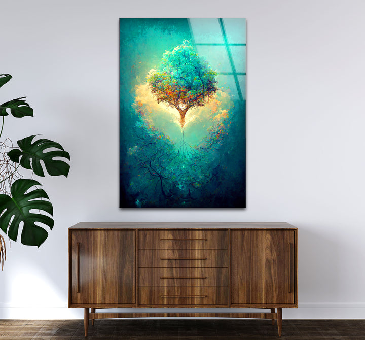 Schwebender Lebensbaum Wandkunst – Leuchtende Wurzeln Fantasy Glasdruck