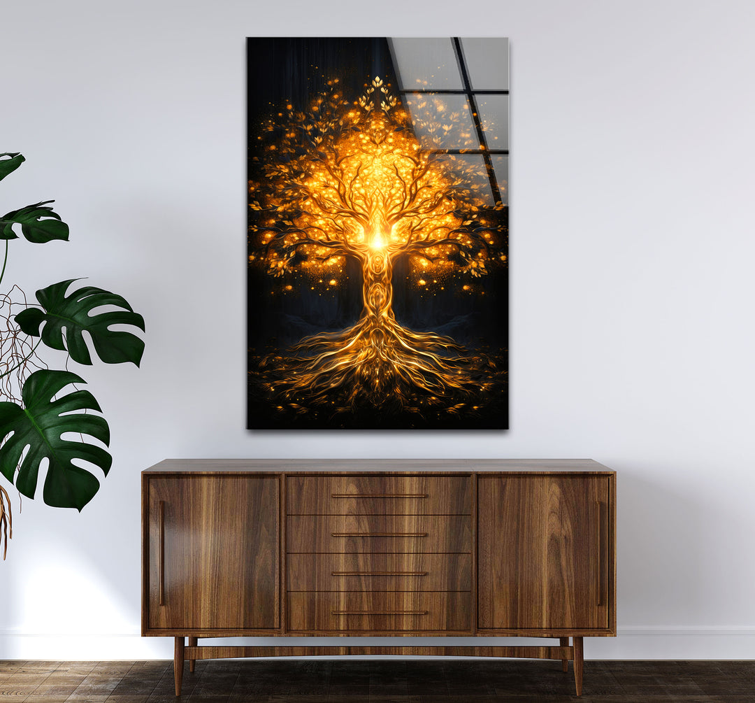 Goldene Fantasiebaum-Wandkunst – Beleuchtetes abstraktes Glasdruckdesign