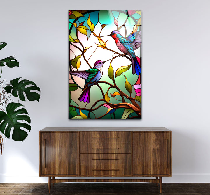Hummingbirds Stained Glass Wall Art – Colorful Bird & Branch Glass Print