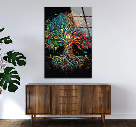 Colorful Tree of Life Wall Art – Illuminated Fantasy Roots Glass Print - MyPhotoStation