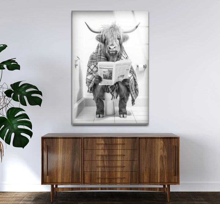 Plaid Highland Cow Bathroom Wall Art – Funny Black and White Glass Print for Rustic Decor - MyPhotoStation