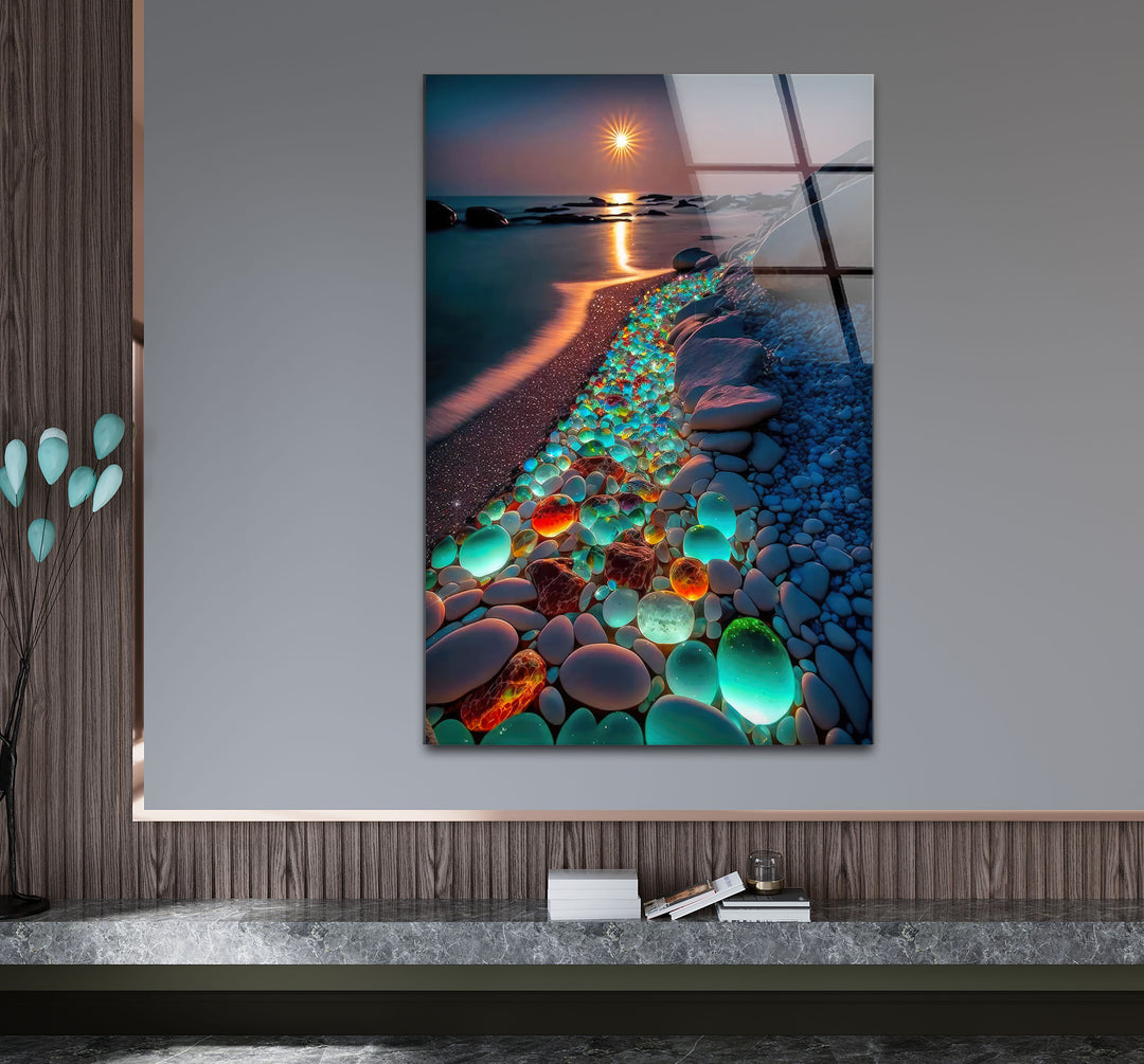 Glowing Pebble Beach Wall Art – Sunset Glass Print with Luminous Stones for Coastal Decor