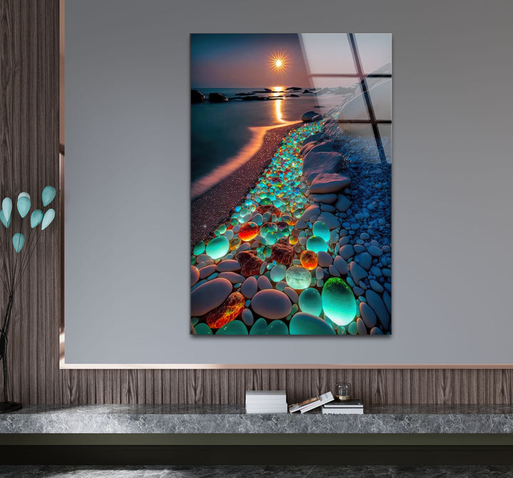 Glowing Pebble Beach Wall Art – Sunset Glass Print with Luminous Stones for Coastal Decor