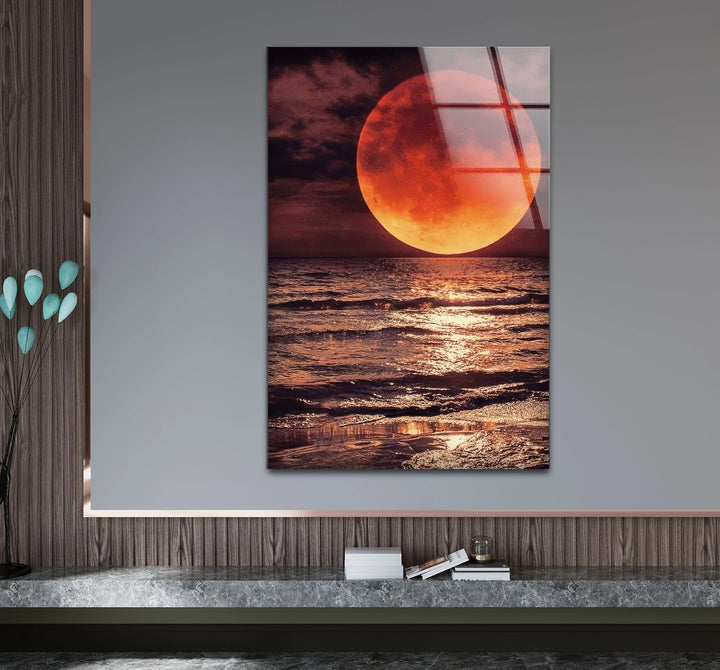 Red Moon Over Ocean Glass Wall Art – Dramatic Lunar Seascape Print for Bold Modern Decor - MyPhotoStation