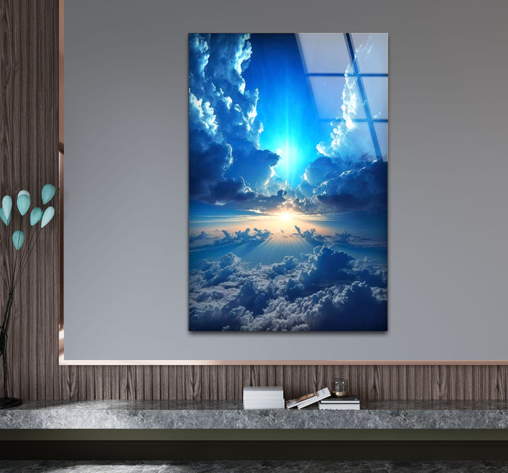 Himmlischer Himmel Wandkunst – Strahlende Wolken und Lichtstrahl Glasdruck
