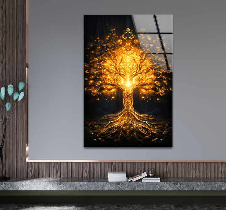 Goldene Fantasiebaum-Wandkunst – Beleuchtetes abstraktes Glasdruckdesign