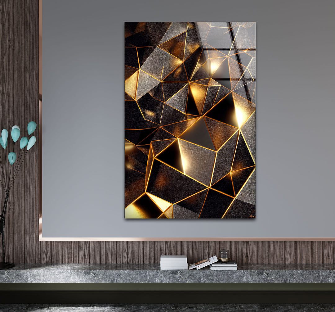 Geometrische Goldprisma-Wandkunst – Luxuriöser abstrakter 3D-Glasdruck