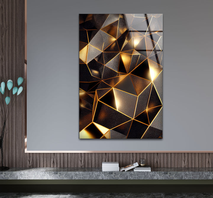 Geometrische Goldprisma-Wandkunst – Luxuriöser abstrakter 3D-Glasdruck