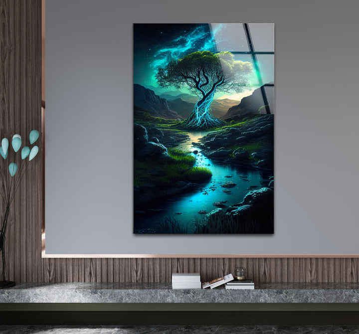 Mystisch leuchtender Baum als Wandkunst – Verzauberter Nachtstrom als Glasdruck