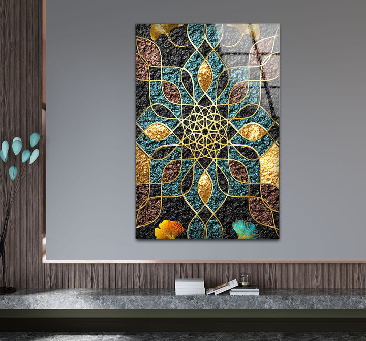 Goldene Mandala-Wandkunst – Geometrisches blaugrünes und schwarzes Muster-Glasdruckdesign
