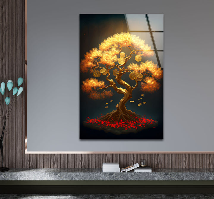 Goldener Geldbaum als Wanddekoration – Symbol für Wohlstand und Reichtum aus Glas