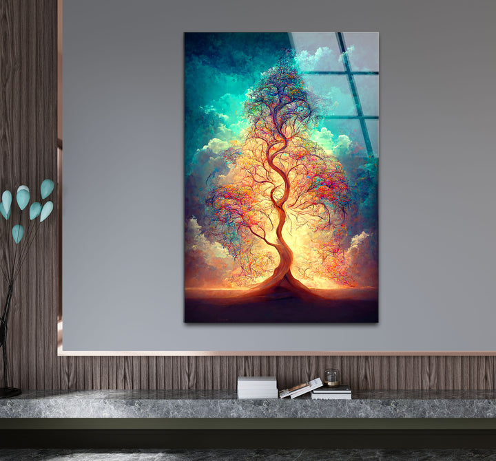 Strahlender Lebensbaum Wandkunst – Ätherisches Licht Fantasy Glasdruck