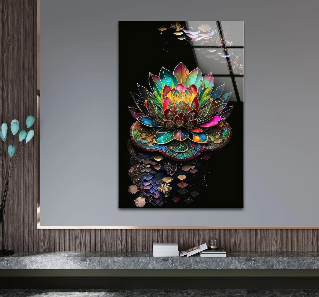 Radiant Lotus Flower Wall Art – Colorful Mandala Glass Print for Spiritual and Zen Decor - MyPhotoStation