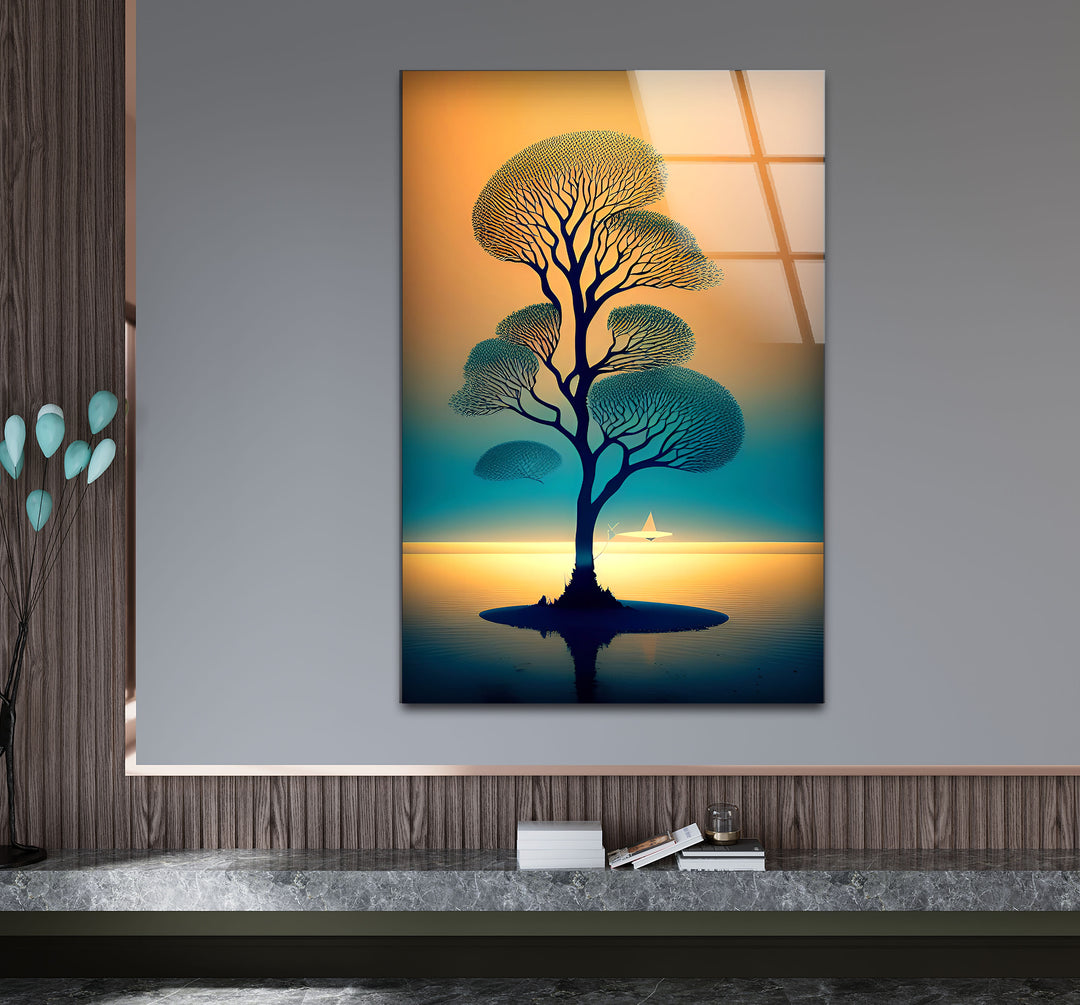 Serene Tree of Life Wall Art – Sailboat Sunset Glass Print Design