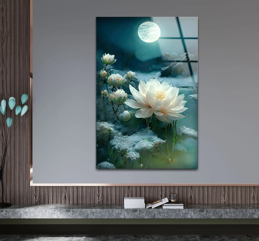 Moonlit White Lotus Glass Wall Art – Tranquil Floral Design with Ethereal Night Glow - MyPhotoStation