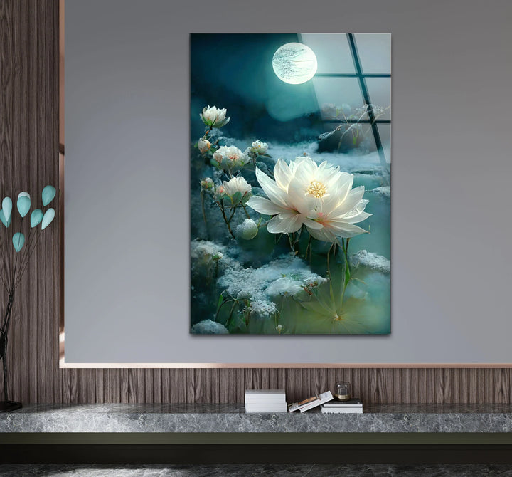 Moonlit White Lotus Glass Wall Art – Tranquil Floral Design with Ethereal Night Glow - MyPhotoStation