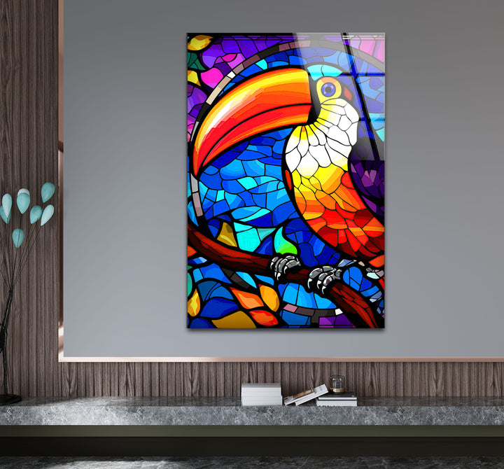 Tukan-Wandkunst aus Buntglas – Lebendiges Glasdruckdesign mit tropischem Vogel