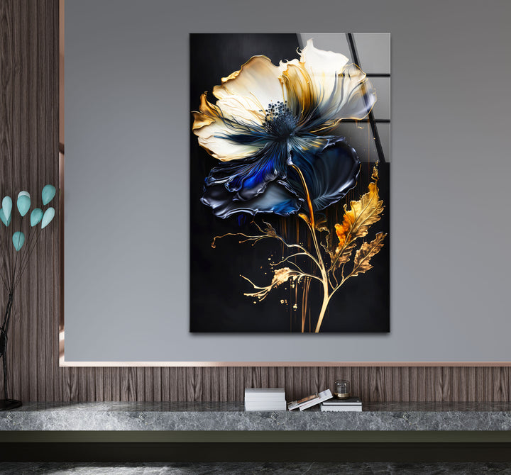 Blue and Gold Floral Wall Art – Elegant Dark Botanical Glass Print for Modern Luxury Decor