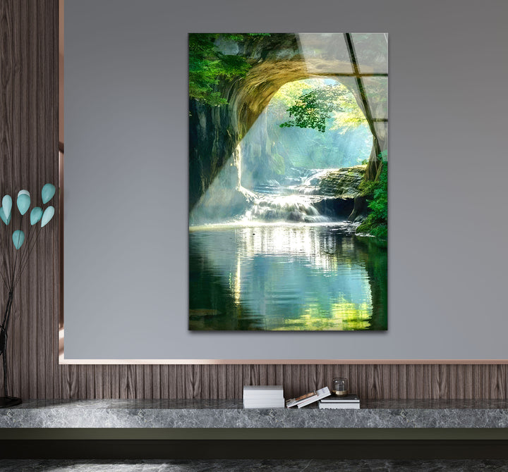 Wald-Wasserfall-Bogen-Wandkunst – Ruhige Naturszene Glasdruck