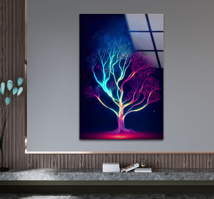 Neonbaum-Wandkunst – Kosmisches Nachtbaum-Glasdruckdesign