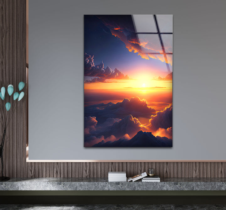 Wandkunst „Über den Wolken Sonnenuntergang“ – Glasdruckdesign „Verträumter Himmel leuchtet“