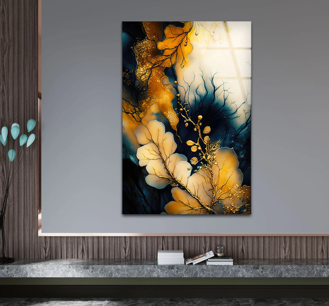 Golden Botanical Abstract Wall Art – Elegant Navy and Gold Glass Print for Luxe Interiors - MyPhotoStation