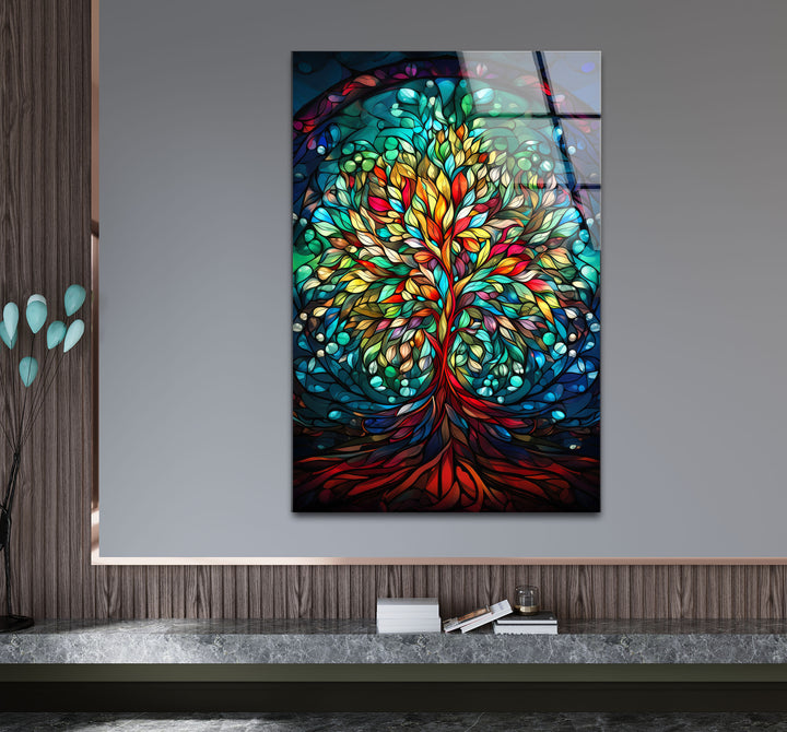 Baum des Lebens Buntglas-Wandkunst – Farbenfrohes vertikales Glasdruckdesign