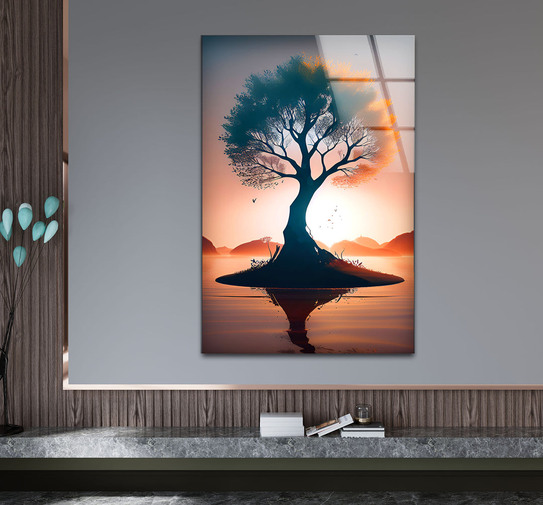 Sonnenuntergang Baum des Lebens Wandkunst – Silhouette Insel Glasdruck Dekor