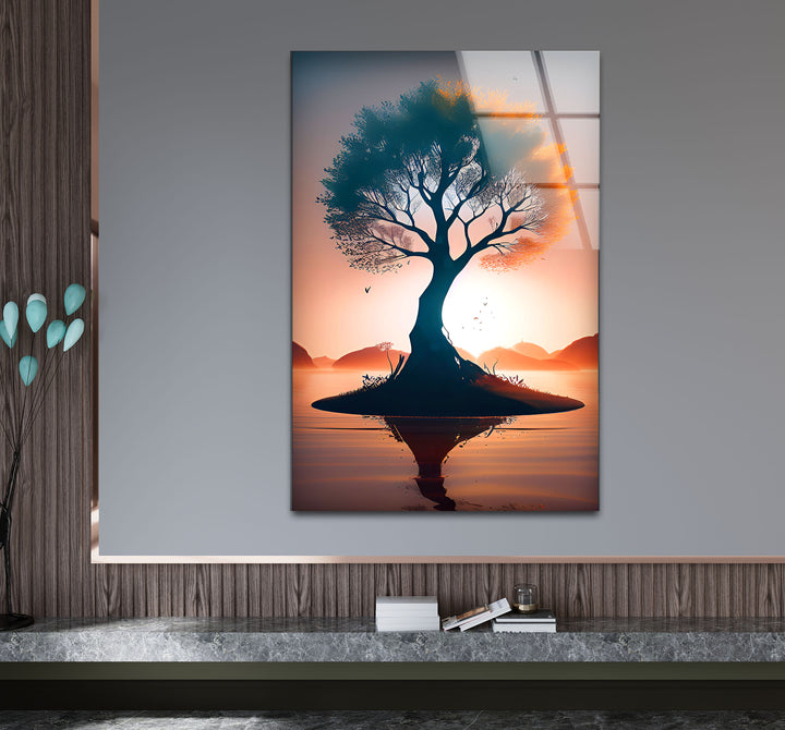 Sonnenuntergang Baum des Lebens Wandkunst – Silhouette Insel Glasdruck Dekor