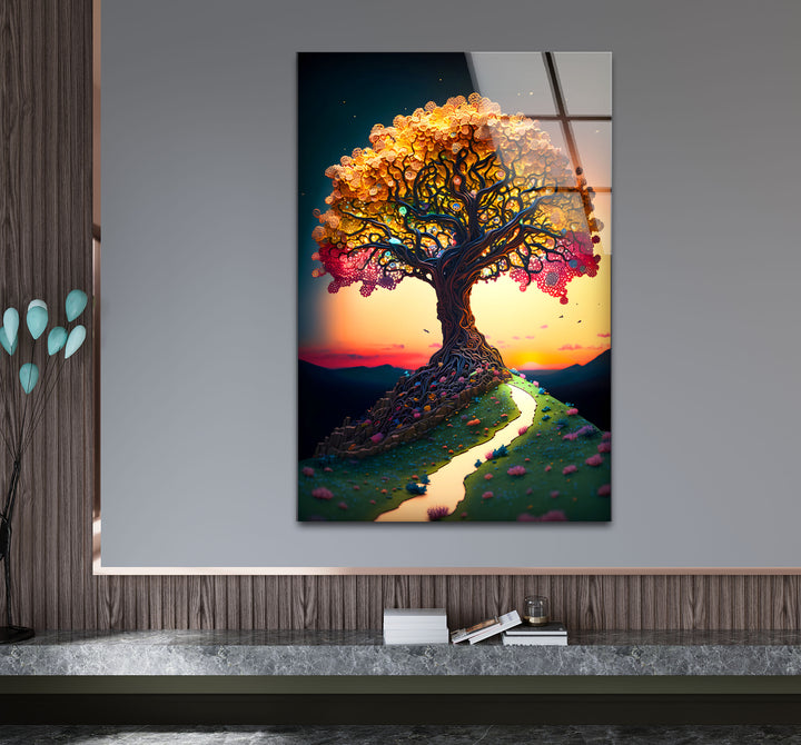 Verträumte Wandkunst mit Lebensbaum – Sonnenuntergangspfad, Fantasy-Glasdruck-Design