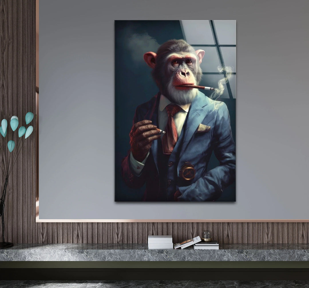 Smoking Monkey Wall Art – Funny Dressed-Up Chimp in Suit Glass Print for Bold Modern Decor - MyPhotoStation