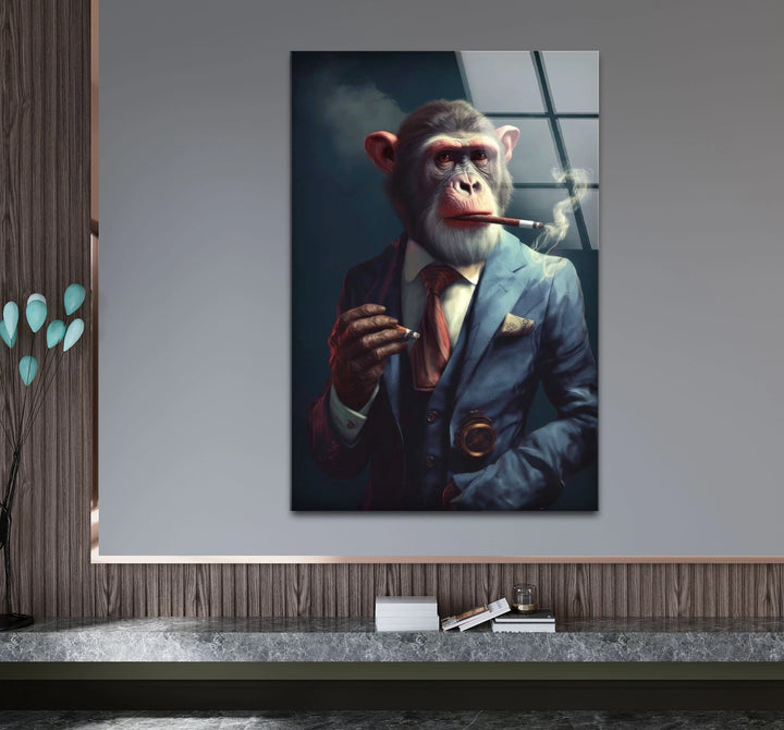 Smoking Monkey Wall Art – Funny Dressed-Up Chimp in Suit Glass Print for Bold Modern Decor - MyPhotoStation
