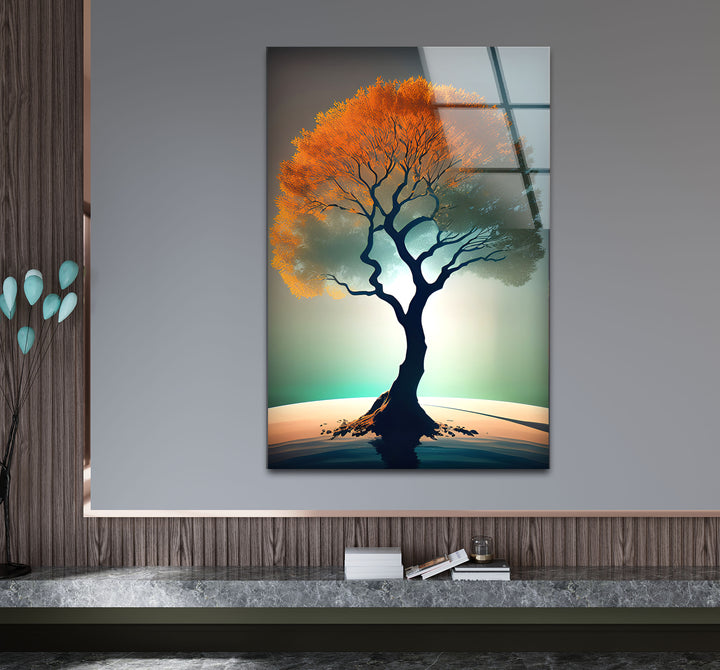 Minimalistische Wandkunst mit Lebensbaum – Orangefarbenes Kronenglas-Druckdesign
