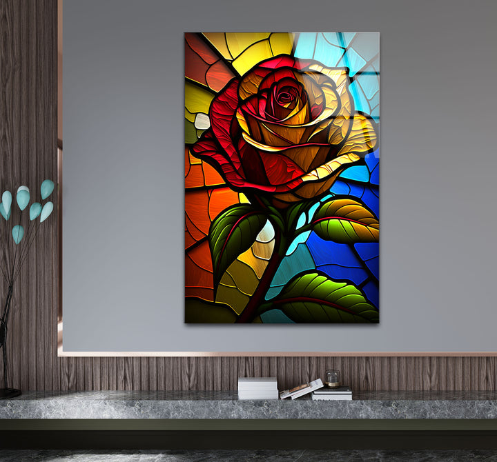 Rote Rose Buntglas-Wandkunst – Farbenfrohes florales Glasdruck-Design
