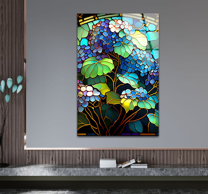 Blaue Hortensie Buntglas-Wandkunst – Vertikaler Blumenglasdruck