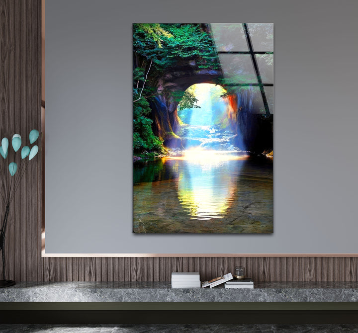Waldlichttunnel-Wandkunst – Sonnenstrahlreflexions-Glasdruckdesign