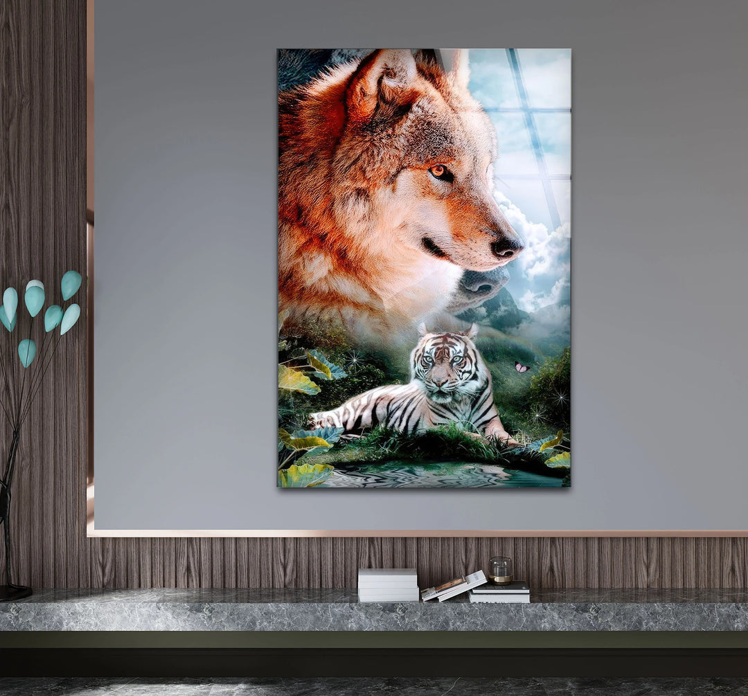 Wolf and White Tiger Wall Art – Majestic Animal Duo Nature Glass Print for Bold Decor - MyPhotoStation