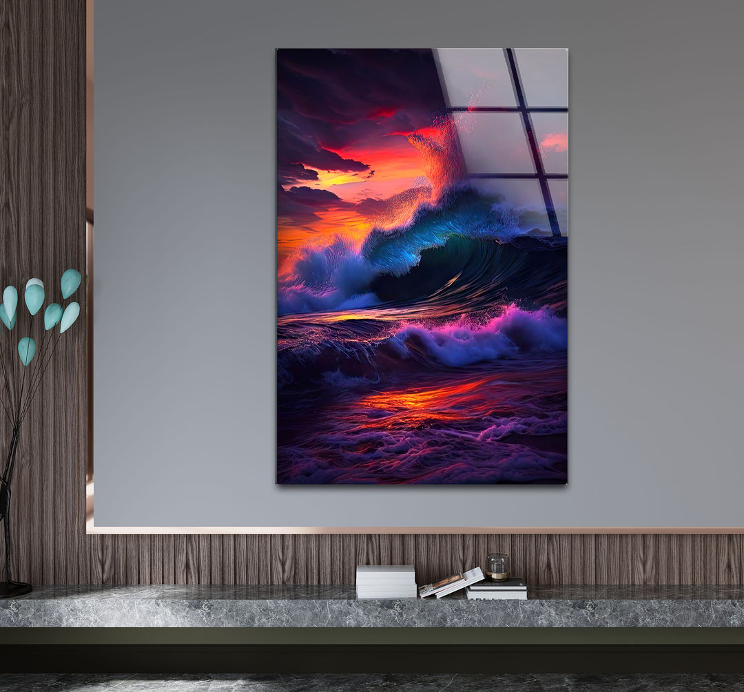 Wandkunst mit krachenden Wellen bei Sonnenuntergang – Dramatisches Ozean-Glasdruck-Design
