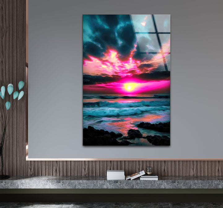 Lebendige Sonnenuntergang Ozean Wandkunst – Rosa Himmel &amp; Wellen Glasdruck-Design