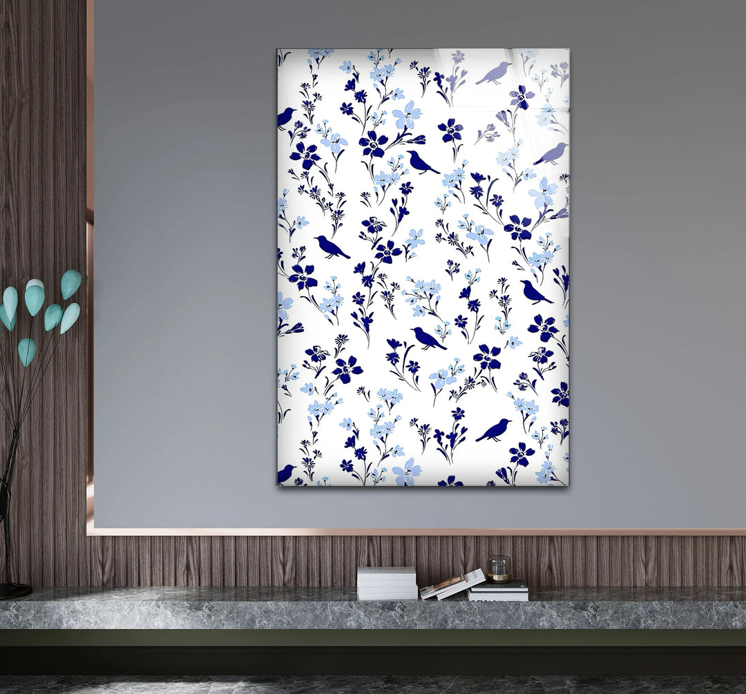 Blue Bird and Wildflower Pattern Wall Art – Elegant Floral Glass Print for Nature Lovers - MyPhotoStation